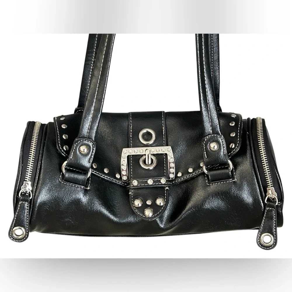 Kathy Van Zeeland Y2K Black Tootsie Roll Purse Satchel Side Zip Rhinestone - Picture 1 of 16
